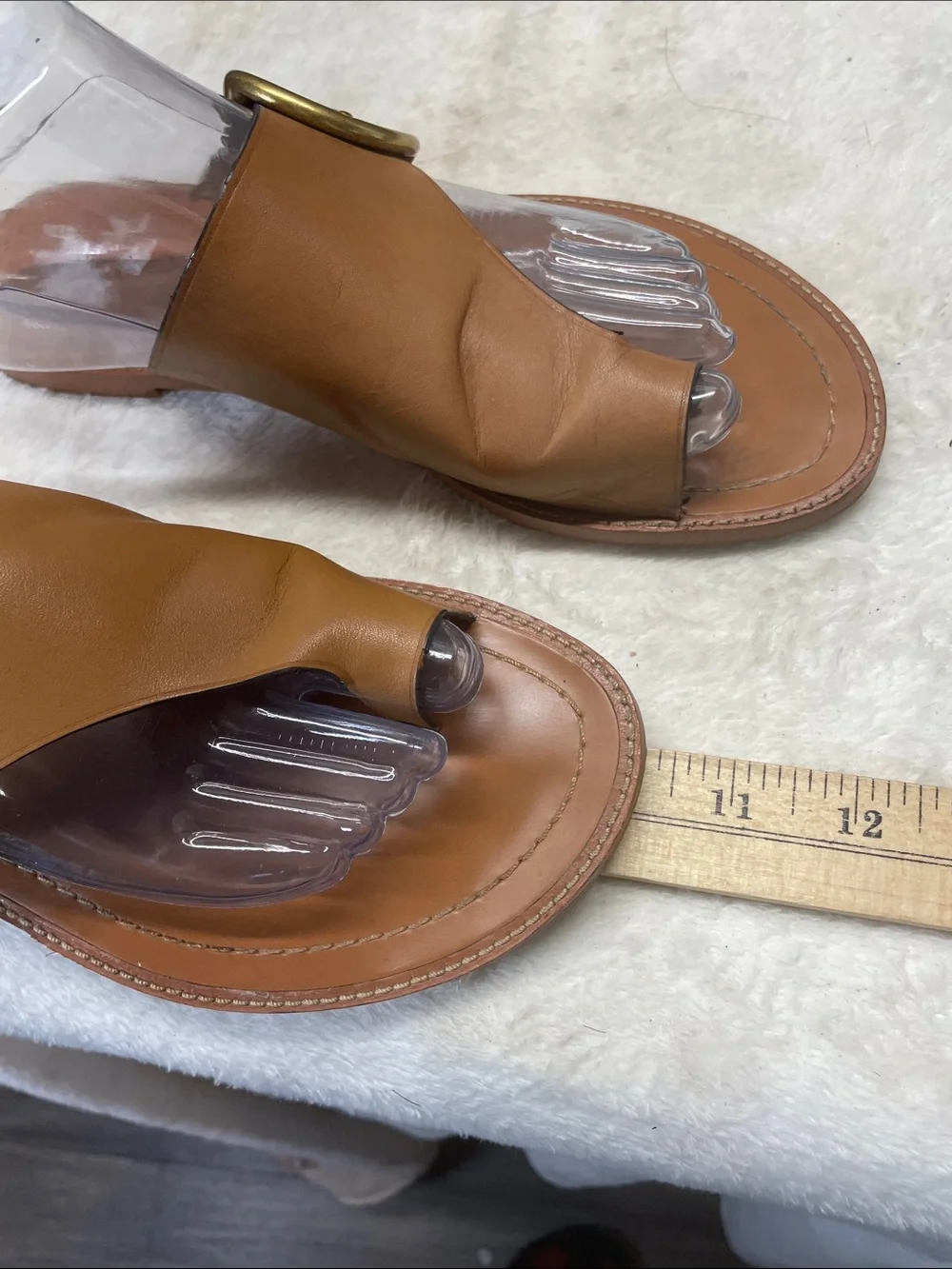 Coach Tan Leather Slide Sandals with Brass Ring Buckle
